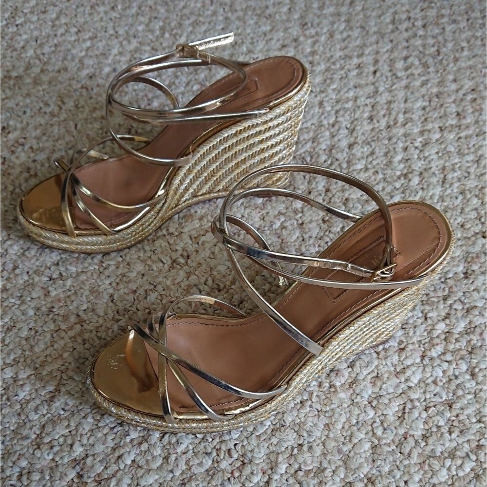Aquazzura Gin Metallic Leather Espadrille Wedge Sandals Size 37.5